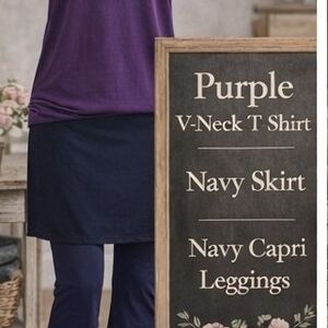 Purple V-Neck Tee with Navy Skirt & Capri Leggings